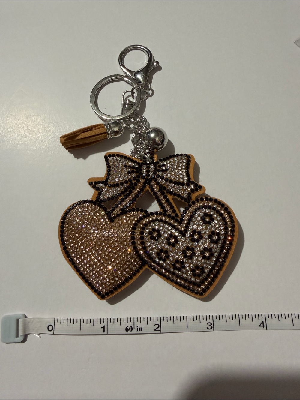 Rhinestone Double Heart Key & Purse Charm - Brown
